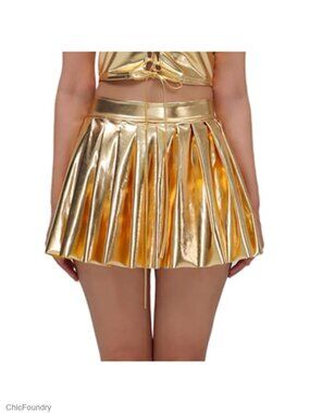 Shiny Metallic Holographic Mini Skater Skirt High Waist Pleated Dance Skirt